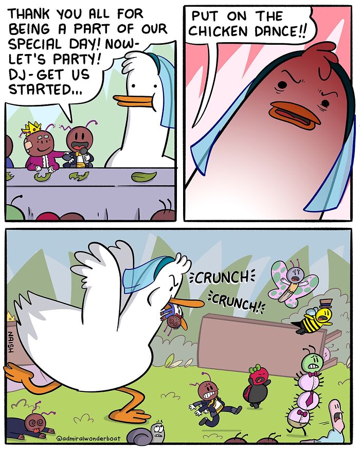 Comic showing humorous challenges and friendships with a dancing chicken and animated bug characters at a party.