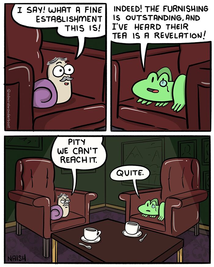 Comic panels featuring a snail and frog humorously discussing tea in a cozy setting, highlighting friendship and challenges.