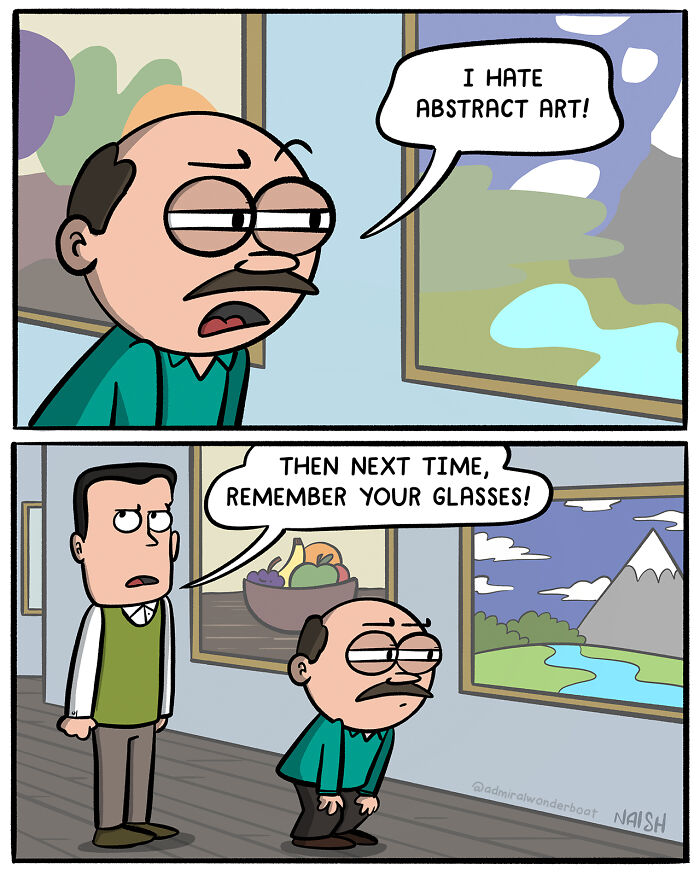 Comic panels showing humorous interaction about abstract art and the importance of glasses, highlighting humor in challenges and friendships.