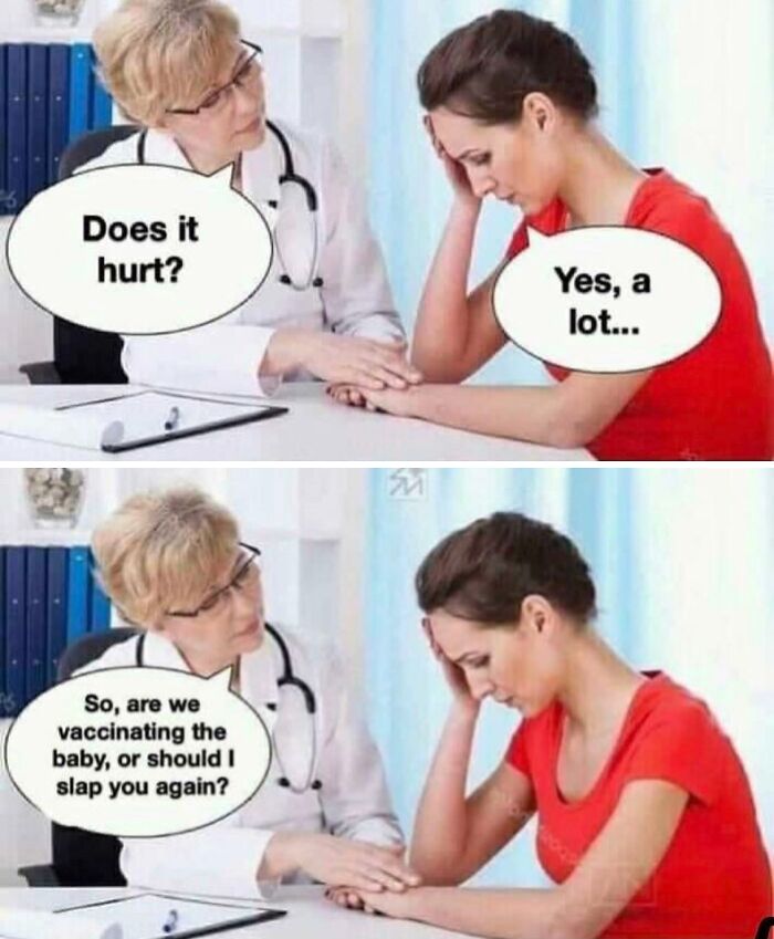 Doctor talking to distressed woman about vaccinating baby, illustrating memes about entitled parents and parenting struggles.