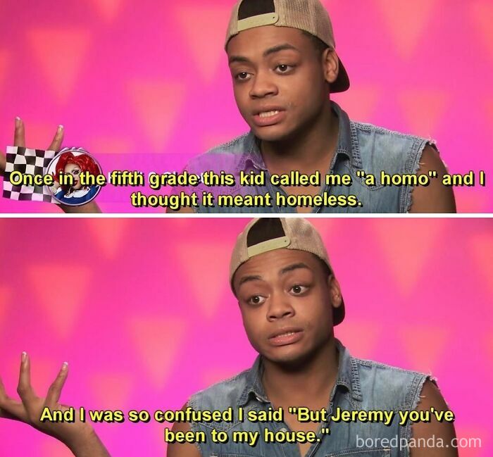 Young man sharing a humorous LGBTQ+ meme about misunderstanding a slur in a brightly colored setting