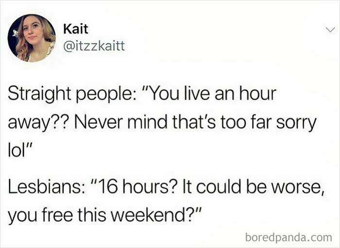 Social media meme comparing distance tolerance between straight people and lesbians, related to LGBTQ+ memes.