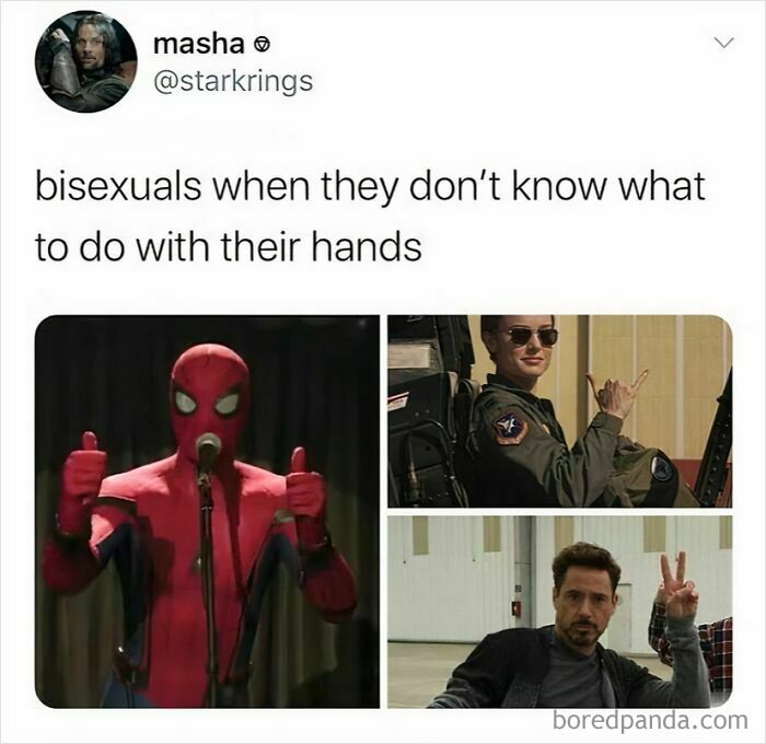 LGBTQ+ memes showing humorous confusion about hand gestures with popular movie characters like Spider-Man and Avengers.