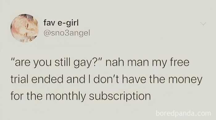 Text meme from an Instagram page featuring LGBTQ+ humor about a free trial ending and no monthly subscription payment.