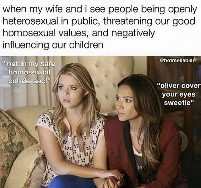 Two women sitting closely on a couch with text about homosexual values in an LGBTQ+ memes Instagram post.