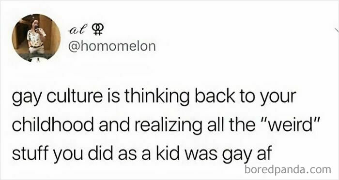 Screenshot of an LGBTQ+ meme about gay culture reflecting on childhood experiences, shared on an IG page dedicated to LGBTQ+ memes.