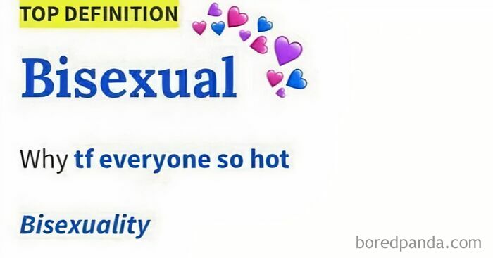 Definition of bisexual with colorful hearts, featuring a humorous LGBTQ+ meme about attraction on an Instagram page.