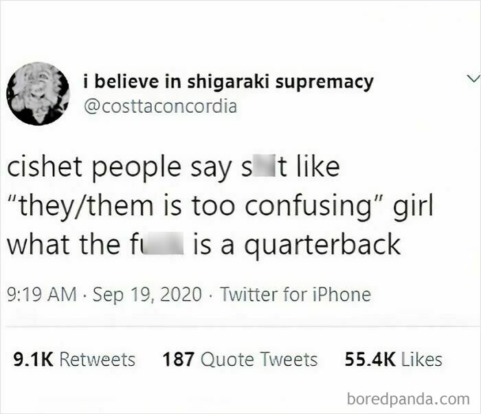 Tweet humor comparing confusion over pronouns to confusion about a quarterback, shared on an LGBTQ+ memes Instagram page.