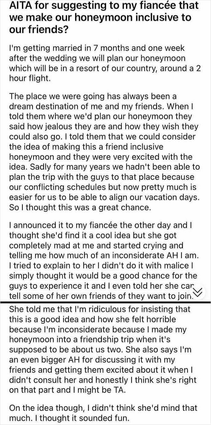 Text post describing a groom's sense of entitlement about making his honeymoon inclusive for friends, causing conflict with fiancé.