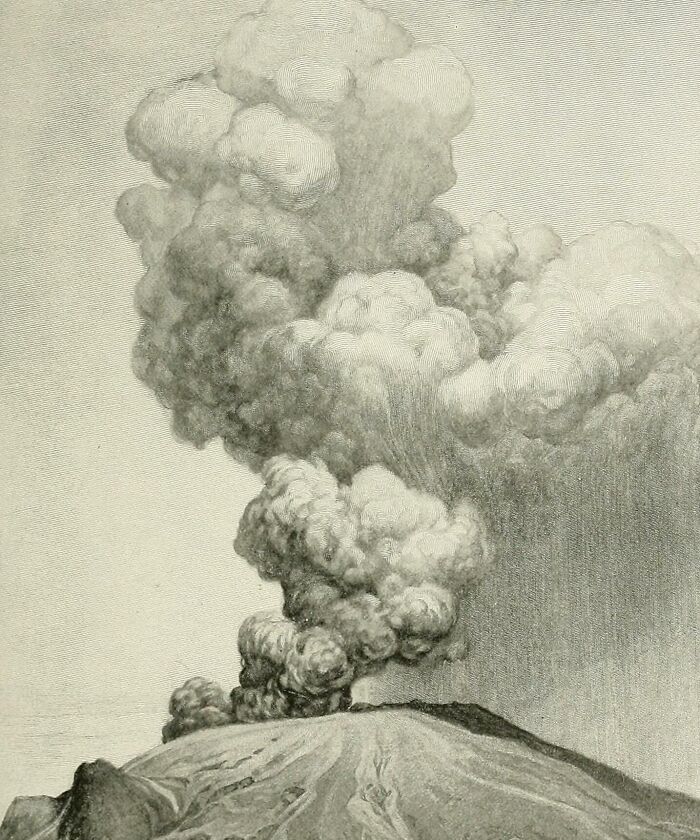 Volcanic eruption with large smoke clouds illustrating one of the natural disasters in the last century larger than expected.
