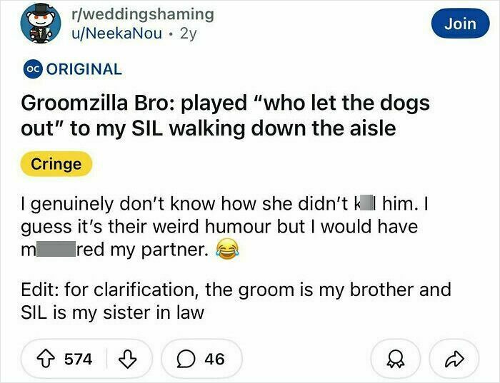 Reddit post about a groom's cringe behavior showing sense of entitlement during a wedding aisle moment.