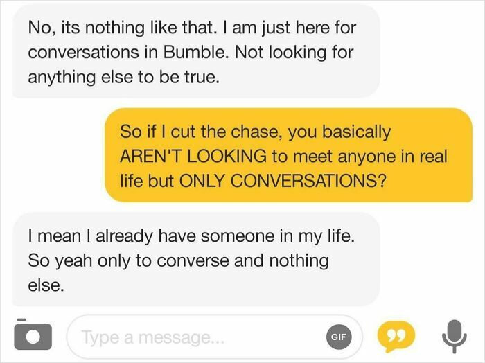 Text message conversation on a dating app showing challenges of finding love online and seeking only conversations.