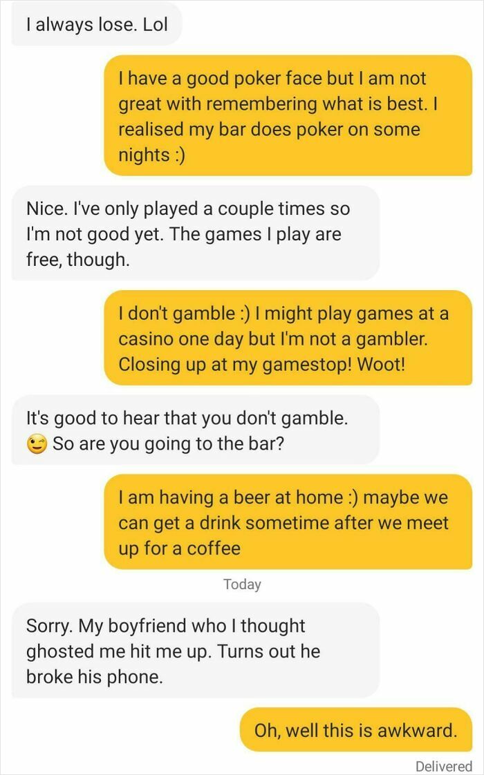 Text message exchange showing the challenges of finding love online with awkward and unexpected conversations.