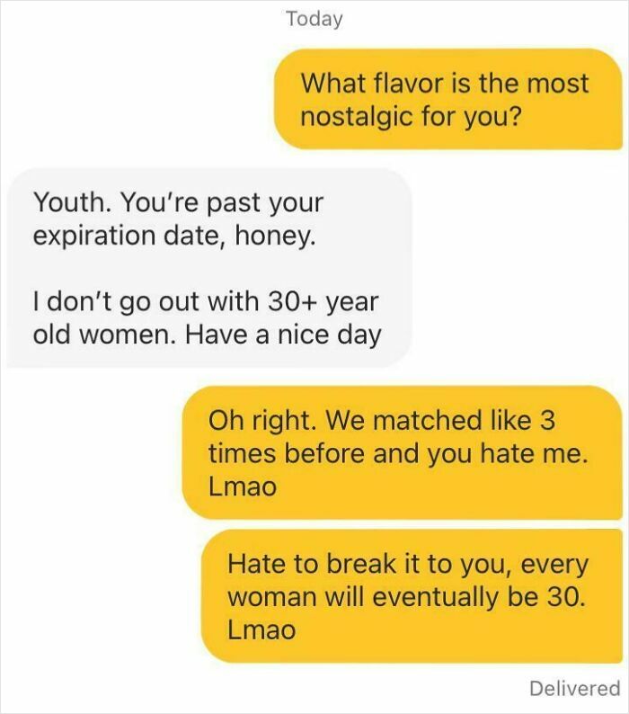 Text message exchange showing challenges of finding love online with harsh age-related rejection and witty comeback.