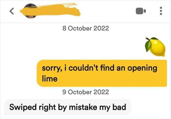 Screenshot of a humorous online dating chat showing challenges of finding love online with a lemon emoji.