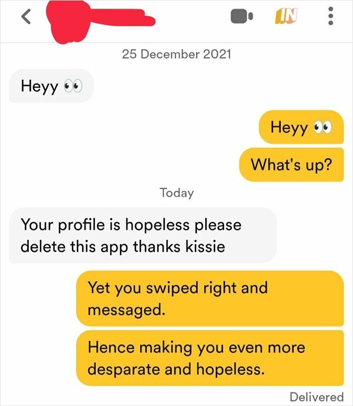 Text message exchange on a dating app illustrating challenges of finding love online and mixed emotions in conversations.