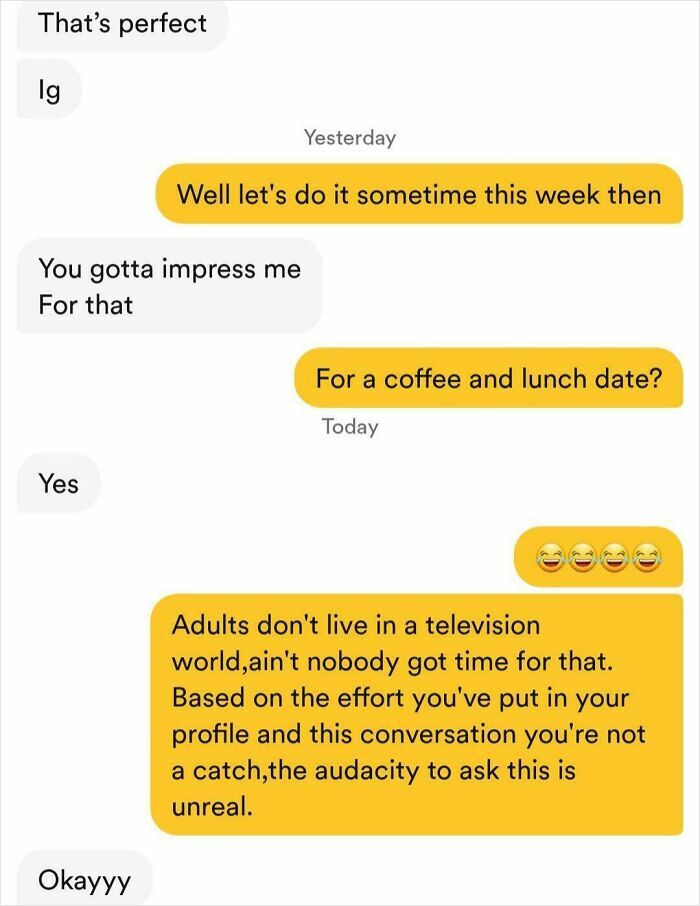 Text message conversation showing challenges of finding love online with humorous and blunt responses.