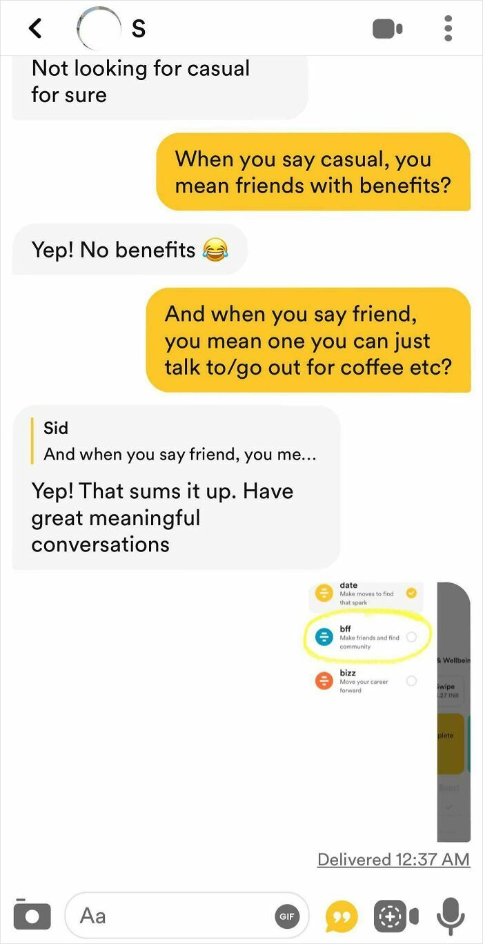 Text message conversation about defining casual and friends with benefits in online dating chat.