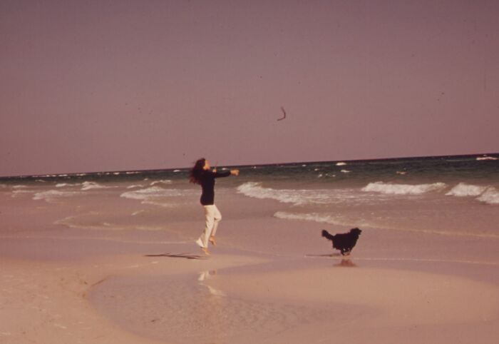 Woman in Florida playing with her dog on the beach, illustrating women breaking barriers in the 1970s.