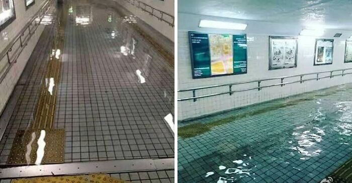Flooded underground walkway with clean water reflecting lights, showcasing small but genius things some countries do.