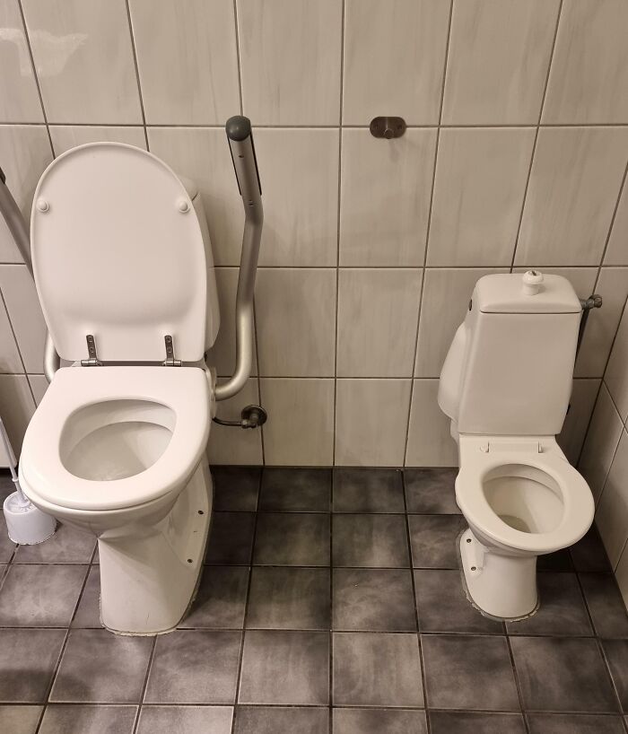 Two differently sized toilets side by side in a tiled restroom showing small but genius things some countries do.
