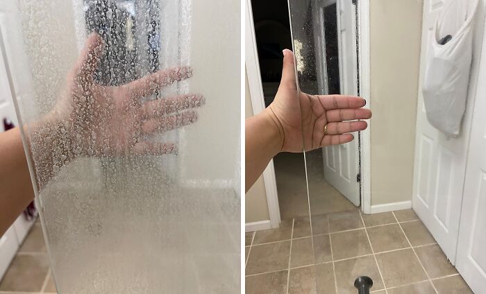 Hand holding a clear protective film wiping away fog on a bathroom mirror showing a product for specific problems.
