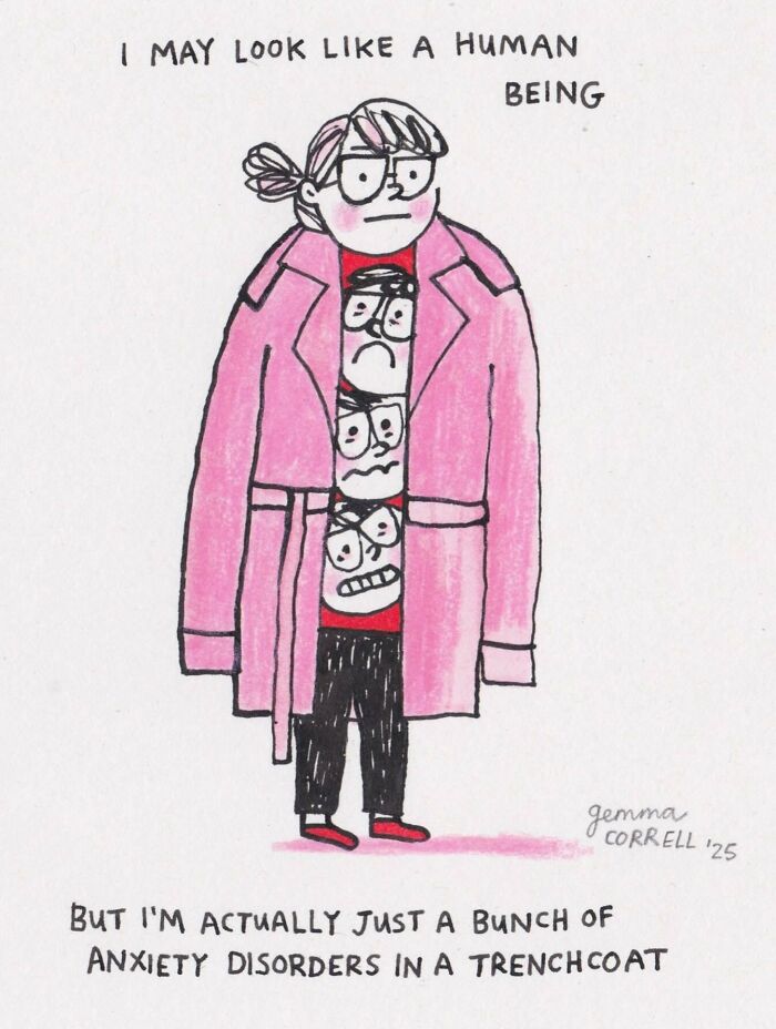 Cartoon by British artist showing a person with anxiety disorders in a trenchcoat, highlighting mental health struggles.