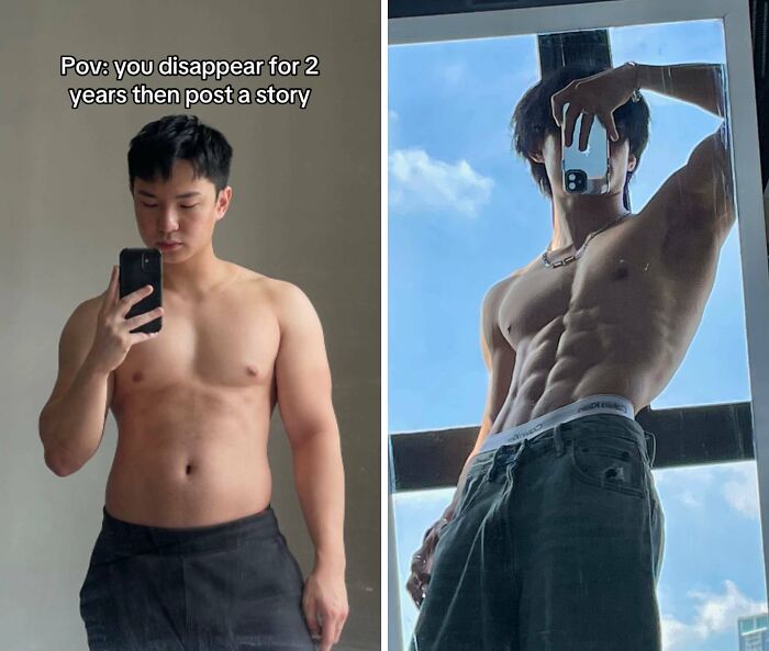 Man showing before and after fitness transformation, illustrating a powerful return to social media after a hiatus.