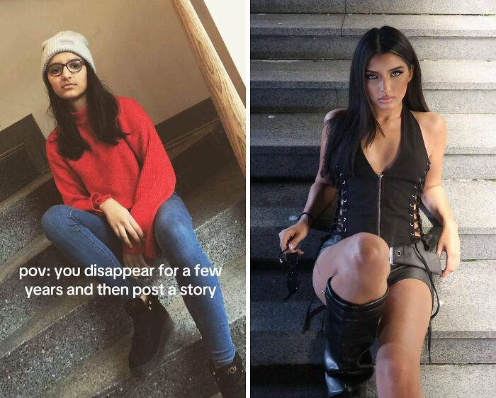 Two women sitting on stairs illustrating social media return after a hiatus, showcasing bold and confident poses.