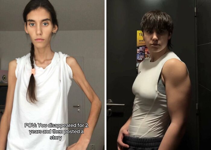 Before and after transformation photo illustrating dramatic return to social media after a long hiatus.