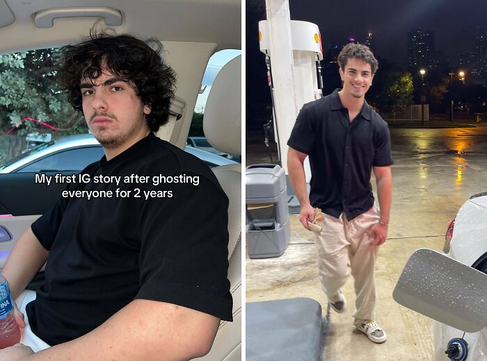 Young men returning to social media with a bang after a long hiatus, showing confidence and change in appearance.