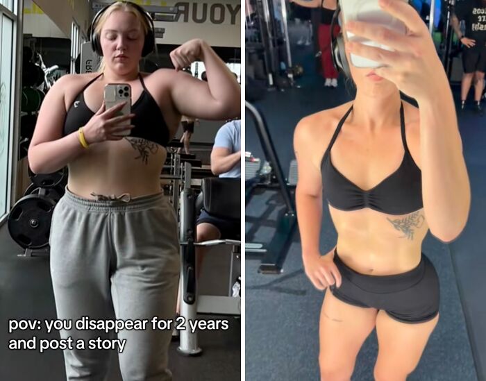 Before and after gym selfies showing a transformation, illustrating people returning to social media with a bang after a hiatus.
