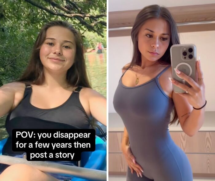 Two young women showcasing confident social media returns in casual and fitted outfits, illustrating a powerful comeback after a hiatus.