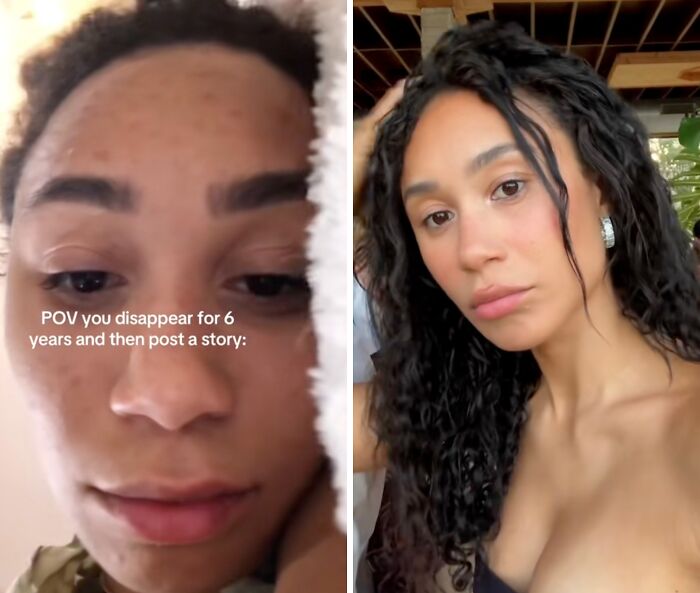 Young woman returning to social media after a long hiatus, showing before and after transformation selfies.