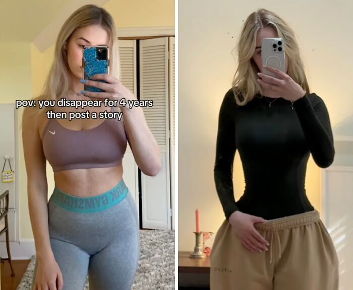 Two selfies of a woman showing confident social media return after a long hiatus, highlighting a fitness transformation.