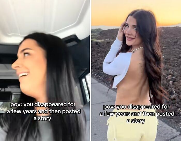 Two images showing reactions to returning to social media after a hiatus, highlighting moments of coming back with a bang.