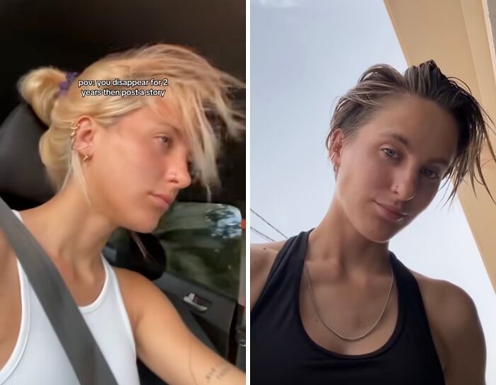 Young woman returning to social media after a long hiatus, showing confident and refreshed appearance in two side-by-side photos.