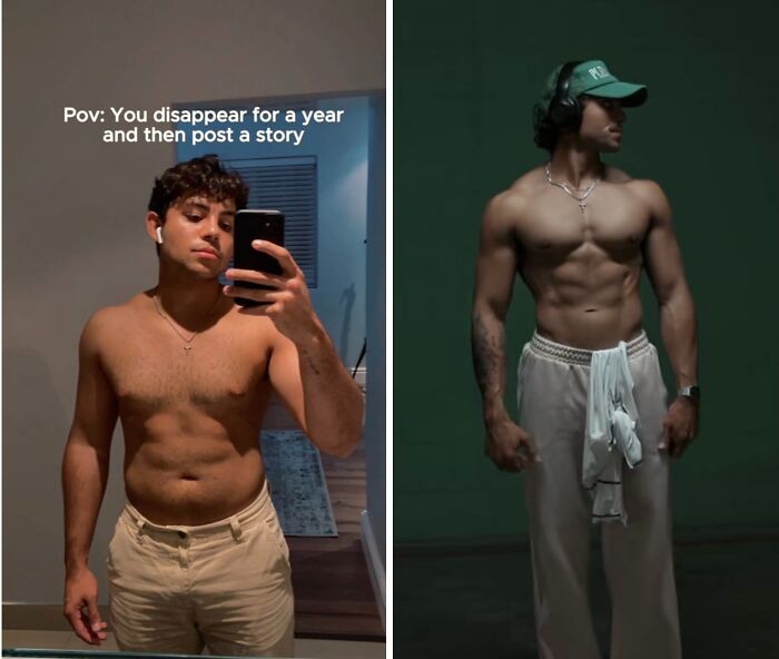 Before and after photos showing a muscular transformation of a man returning to social media after a long hiatus.