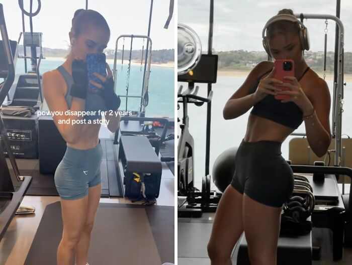 Two side-by-side images of a woman in gym wear taking mirror selfies, showcasing social media return after a hiatus.