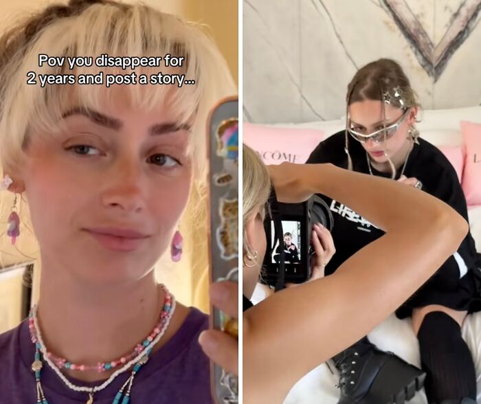 Young woman returning to social media after a hiatus, capturing a selfie and a photoshoot behind the scenes.