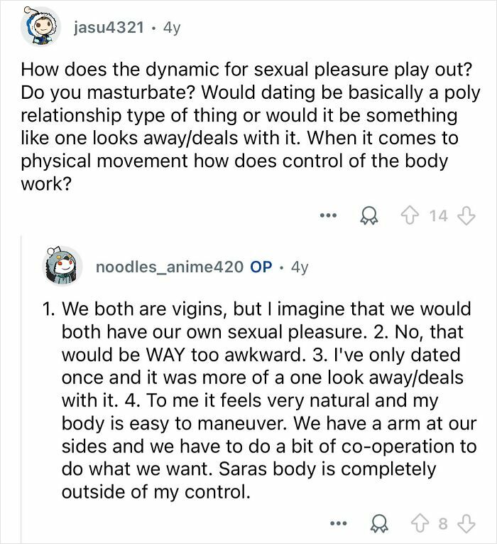Reddit Q&A discussing s****l pleasure and body control from conjoined twins' perspective in an honest, detailed manner.