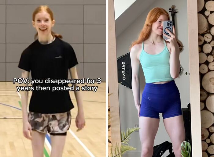 Young woman showcasing a confident social media return after a long hiatus with fitness progress photos in casual and activewear.