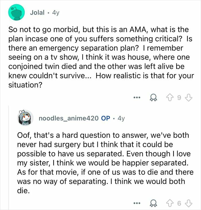 Reddit AMA exchange where conjoined twins discuss emergency separation and survival possibilities in response to critical illness question.