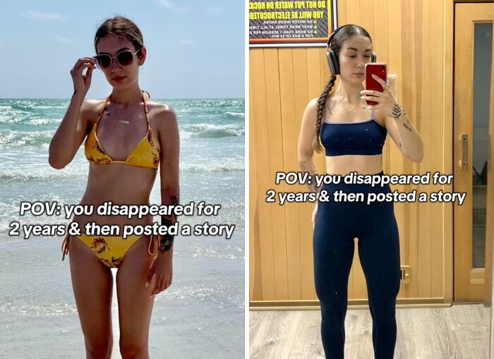 Two women returning to social media after a hiatus, one at the beach and one in workout clothes taking a mirror selfie.