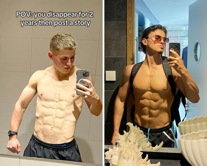 Before and after photos of a muscular man returning to social media with a bang after a hiatus, showing fitness transformation.