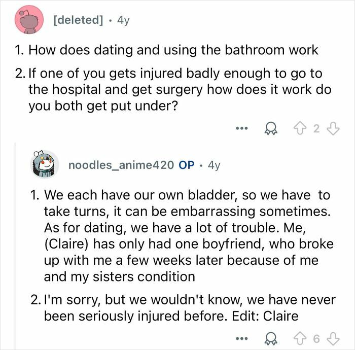 Conjoined twins answer questions about dating, using the bathroom, and medical surgeries in a candid online discussion.