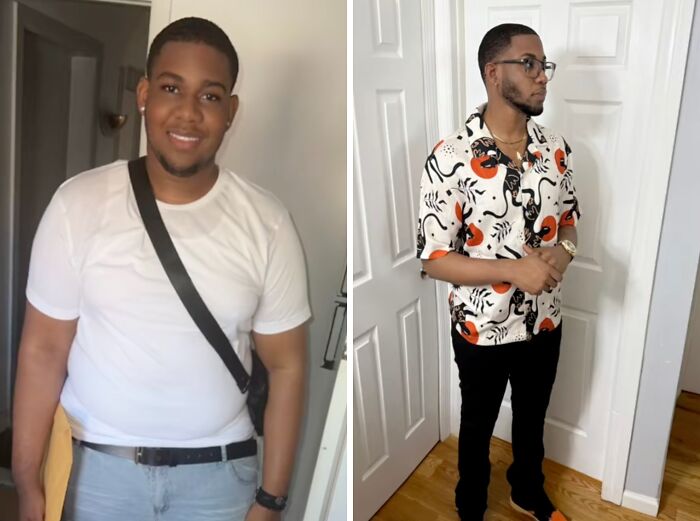 Before and after photos of a man showcasing a striking transformation for social media comeback after a hiatus.