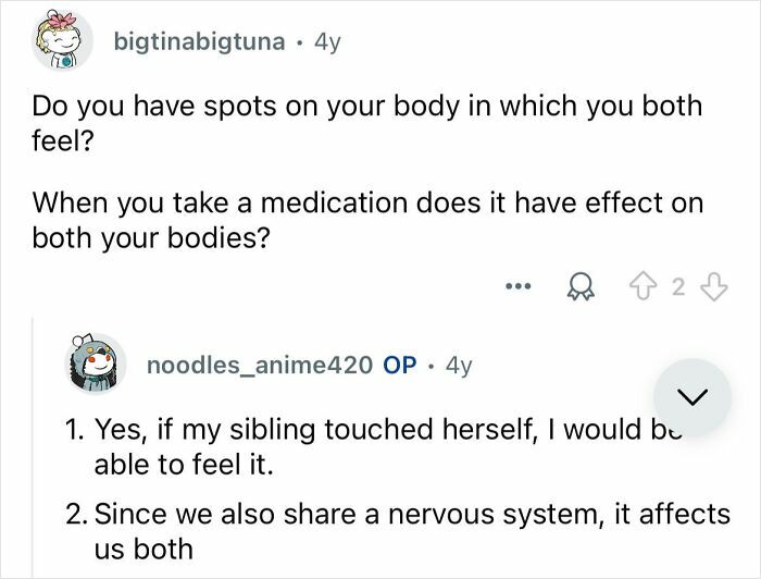 Conversation screenshot showing questions and answers about sensations and medication effects from conjoined twins discussing shared nervous system.