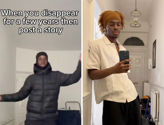 Side-by-side images showing a man returning to social media in style after a long hiatus with confident poses and new looks.