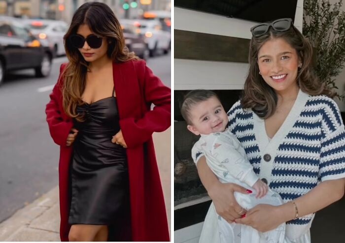 Woman confidently returning to social media in a red coat and black dress, and another smiling while holding a baby indoors.